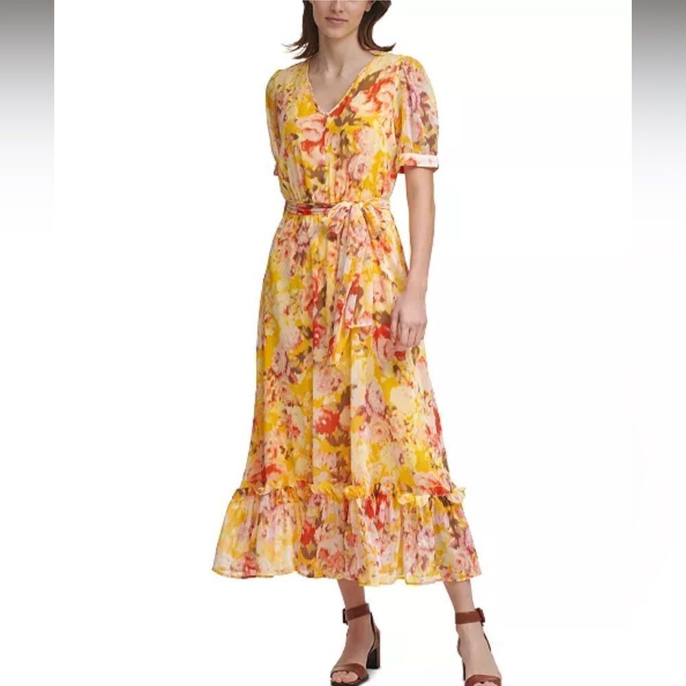 Calvin Klein Fall Pallet Chiffon Maxi Dress yellow Floral Print size‎ 6